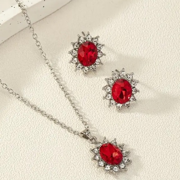 Ruby & Diamond Silver Tone Necklace and Stud Earrings Set - Picture 1 of 3
